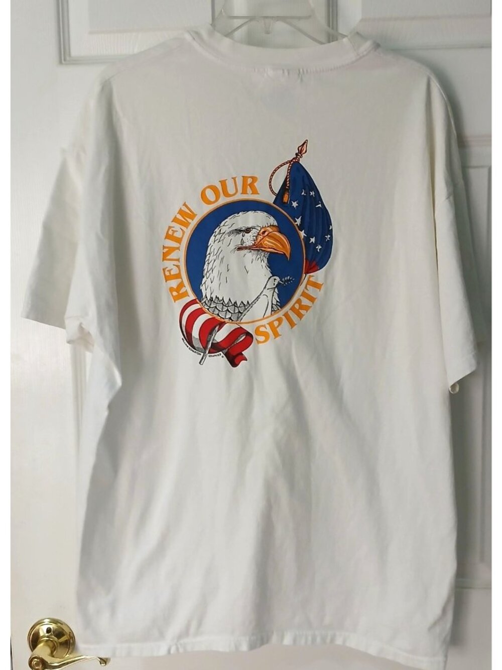 Renew Our Spirit Hanes Beefy-T XL White Eagle Flag Dove Patriotic VTG 90's #I-12